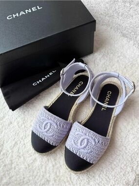 🚩steal CHANEL Lavender Crochet Espadrille Ankle-Strap Sandals